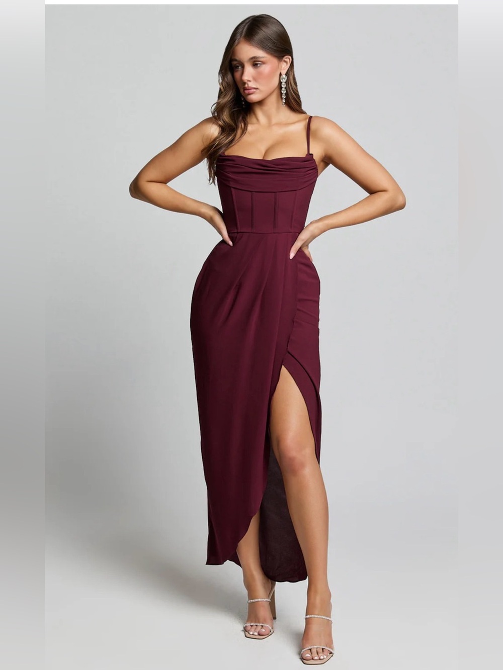 NWT Showpo ANDRINA Cowl Corset High Low Slit Midi Dress in Wine/Burgandy